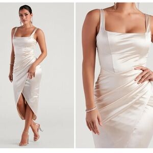 Silky satin midi dress in a soft ivory/champagne shade. New with tags. Size XL.